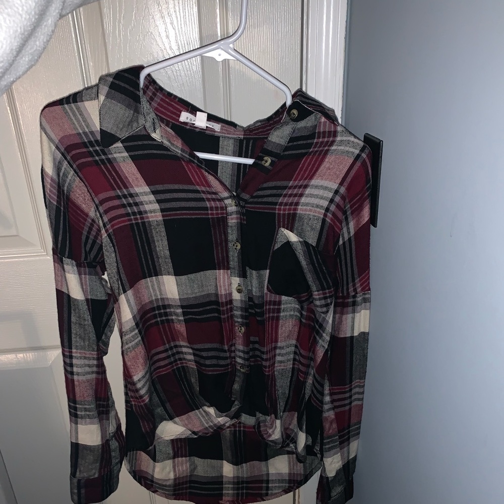Black and maroon flannel blouse.